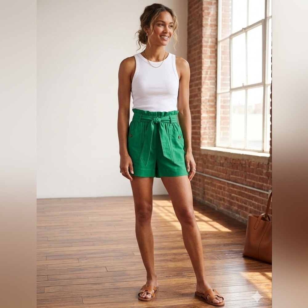 J. Crew High Waisted Paper Bag Bright Green Shorts Size 2